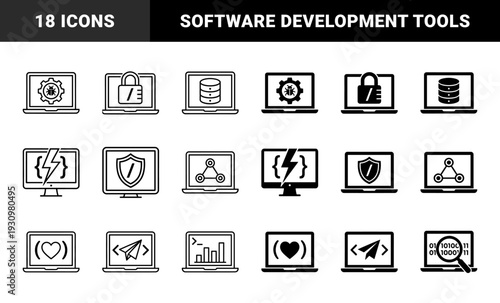 Software development and cybersecurity hybrid laptop icons featuring bug debugging data storage encryption shield protection and coding analytics