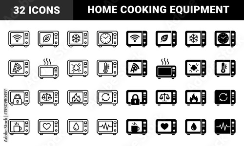 Hybrid microwave oven symbols combining household appliances with cooking functions including defrost pizza heating timer and temperature control