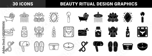 Minimalist wellness and spa hybrid symbols combining bathroom essentials with organic elements like lotus flowers monstera leaves and infinity loops