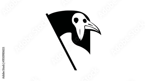 A black and white flag features a stylized image of a plague doctor mask