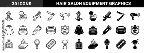 Barber Shop Equipment and Grooming Tools Featuring Linear and Solid Hybrid Styles Including Scissors Combs Razors and Shaving Accessories