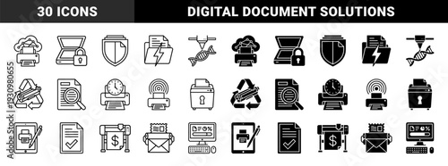 Hybrid printing and document management icons featuring cloud connectivity secure scanning dna biotechnology print and financial data plotting