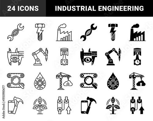 Hybrid industrial engineering and biotechnology symbols featuring genetic wrench mechanical bolt lightning factory piston clock and robotic arm pen