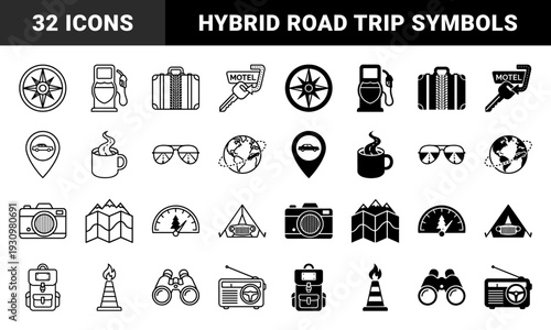 Hybrid road trip and outdoor adventure elements merging travel symbols with automotive details such as tire tread luggage and steering wheel radio