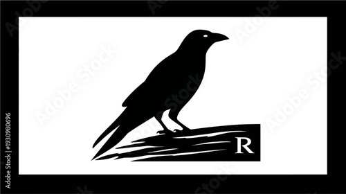 A silhouette of a black bird, resting on a wooden plank with the letter "R" next to it