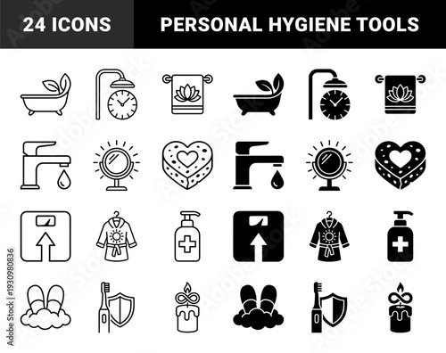 Wellness and personal care hybrid icon set featuring bathtubs with leaves shower clocks lotus towels and bathroom grooming accessories in outline and solid style