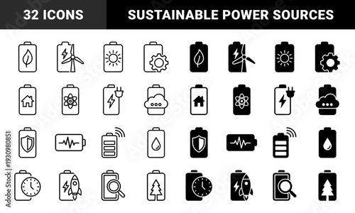 Hybrid battery storage symbols merging power energy cells with renewable resources like wind solar and nature elements in outline and solid styles