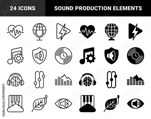 Hybrid audio and music production symbols merging sound waves with hearts globe microphones lightning play buttons and organic nature elements in dual line and solid styles