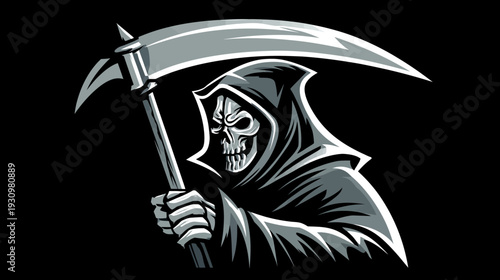 A grayscale illustration of a cloaked skeletal figure holding a scythe. Dark background