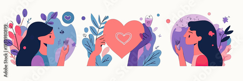 Women engaging in self love and mental health care with heart symbols, nature elements, and thoughtful expressions in flat minimalist vector style illustration