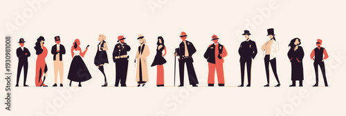 Diverse group of fashionable people standing in various clothing styles including formal, casual, vintage, and trendy outfits flat minimalist vector illustration