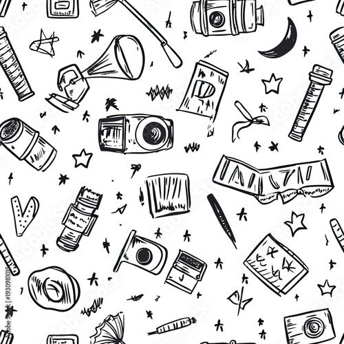 Hand drawn vintage photography equipment seamless pattern with cameras, film rolls, lenses, light meter, and darkroom tools on white background vector illustration
