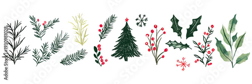 Hand drawn watercolor Christmas foliage elements including pine branches, holly leaves, berries, snowflakes, and holiday greenery for festive decoration and design
