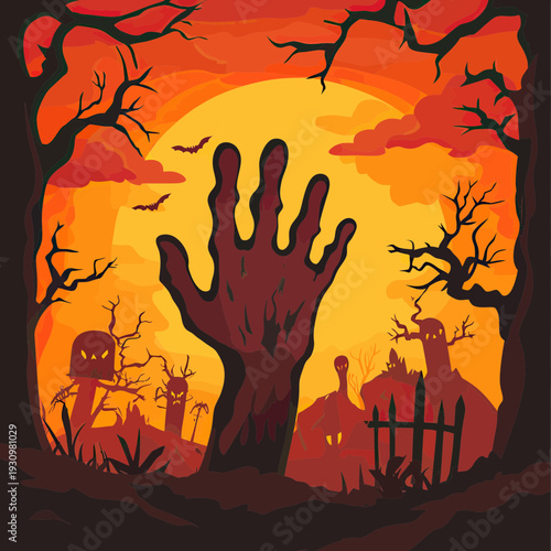 Halloween zombie hand rising from graveyard with spooky trees bats orange moon background dark horror vector illustration