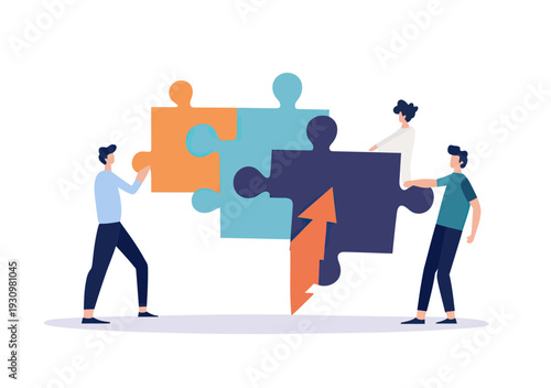 Business team collaboration connecting colorful puzzle pieces with arrow symbolizing problem solving strategy and teamwork success concept flat vector illustration