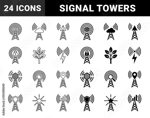 Hybrid communication tower icons merging signal transmission with diverse conceptual symbols including globe lock leaf lightning bolt and clock