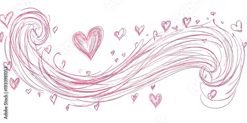 Hand drawn swirling heart line art with scattered small heart shapes romantic love doodle vector illustration in minimalist sketch style