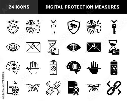 Biometric security and cyber monitoring system symbols featuring hybrid designs of surveillance cameras with shields and digital fingerprints with circuit paths