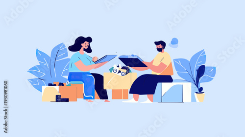 Couple discussing home purchase documents with boxes and plants in flat minimalist style concept of real estate investment and mortgage planning together at home
