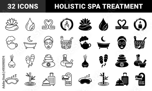 Minimalist wellness and spa service hybrid icons featuring lotus flowers bamboo stalks and relaxation elements in line and solid glyph styles