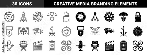 Hybrid filmmaking and cinema production icons merging camera equipment with symbolic metaphors like clocks shields leaves and crowns for creative media branding