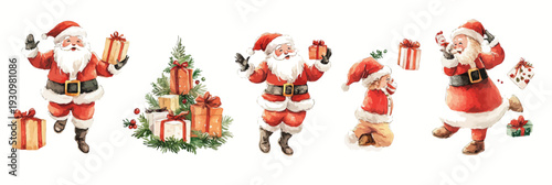 Watercolor Santa Claus in festive poses with wrapped Christmas gifts and decorated evergreen branches in minimalist vector style holiday celebration illustration