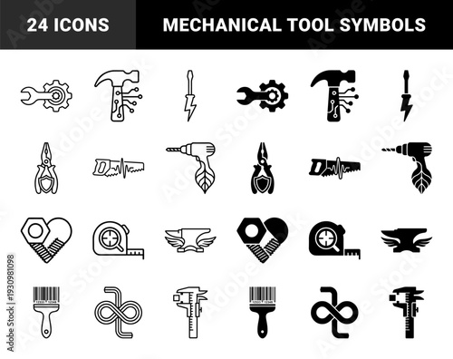 Industrial hardware tool icons merging mechanical equipment with conceptual symbols including bolt heart wrench gear and leaf power drill