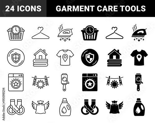 Laundry service and garment care hybrid symbols featuring clothing maintenance concepts like fabric protection sun drying and delicate steam ironing