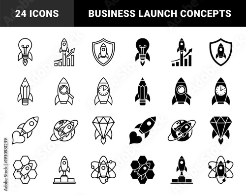 Hybrid rocket startup symbols merging space flight with business growth concepts like lightbulb idea pencil creativity and clock efficiency in outline and solid styles