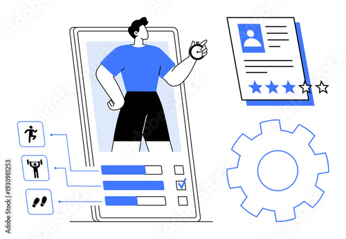 Male user on mobile, fitness activity icons, progress bars, a profile card with rating, and gear icon. Ideal for health, fitness, user interface, technology data app design simple flat metaphor
