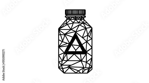 A geometric bottle illustration with a triangular symbol in the center, and a cap on top