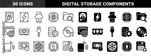 Hybrid computer hardware and data management symbols featuring integrated security locks power lightning bolts and cloud synchronization storage elements