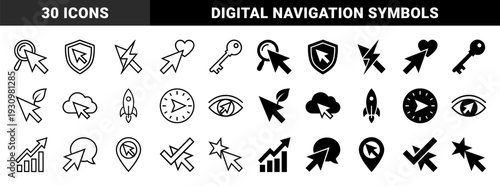 Cursor hybrid symbols combining computer mouse pointers with magnifying glass shield bolt heart key leaf rocket clock eye graph speech bubble and star