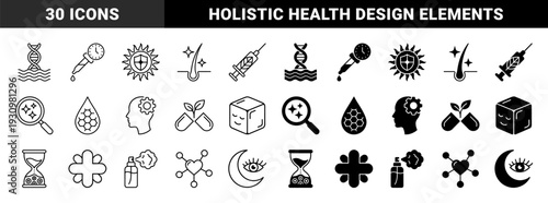 Biotechnology and holistic wellness hybrid line and solid glyphs featuring DNA strands with water waves syringe with leaf and brain with gears