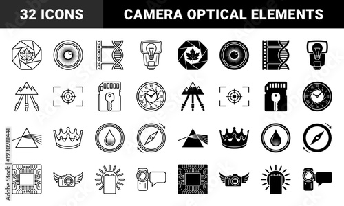 Hybrid photography and cinematography symbols merging camera optics with organic maple leaf dna strand mountain peak and celestial clock elements in outline and solid styles
