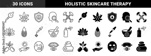 Dermatology and Holistic Skincare Icon Set Featuring Hybrid Symbols Merging Botanical Elements with Laboratory Science and Wellness Therapy Concepts