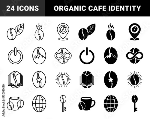 Minimalist coffee bean hybrid symbols featuring creative mergers with mountain star heart leaf and globe elements in outline and solid styles