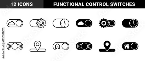 Hybrid interface toggle buttons combining functional control sliders with symbolic metaphors like weather clouds clock time gears and home location markers