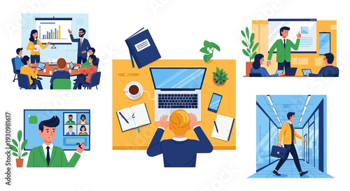 A collection of illustrations depicting various business-related activities and scenarios, including meetings, presentations, and individual work.