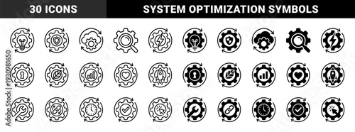 Cyclic process management icons featuring gears merged with diverse symbols like lightbulbs shields and clouds in both outline and solid styles