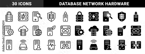Data server storage icons featuring hybrid symbolic combinations of database hardware with security shields power bolts cloud computing and global connectivity