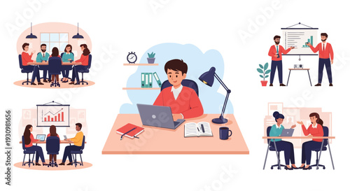 A collage of five illustrations depicting various business and work-related scenarios, including meetings, presentations, and individual work at a desk.