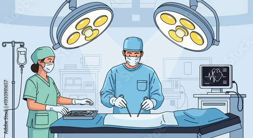 A surgical team performs a complex operation under bright operating room lights, with advanced medical equipment nearby.