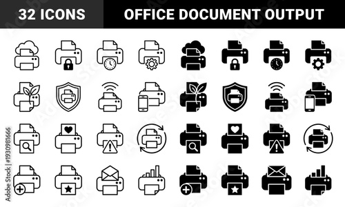 Monoline and solid printer interface icons featuring hybrid symbols for cloud printing security maintenance eco friendly settings and mobile connectivity