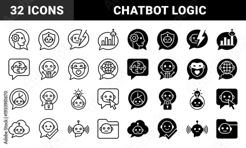 Artificial intelligence chatbot hybrid symbols merging robot head with communication speech bubble elements and data analytics gear logic metaphors