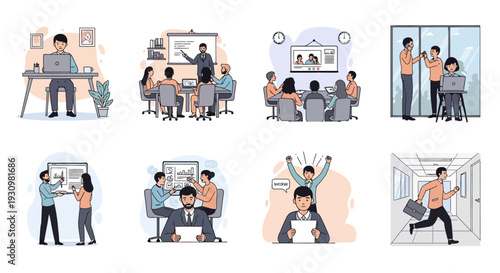 Illustrations depicting various business scenarios including meetings, remote work, collaboration, and office life challenges.