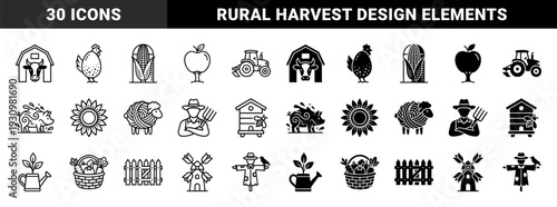 Agriculture and farming symbol collection featuring organic hybrid designs with dual outline and solid versions including livestock crops and machinery