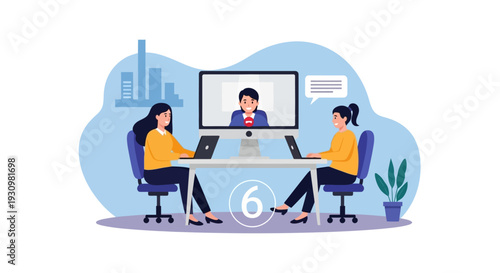 Two women collaborating remotely on laptops, participating in an online video conference call with a male colleague displayed on a large monitor.