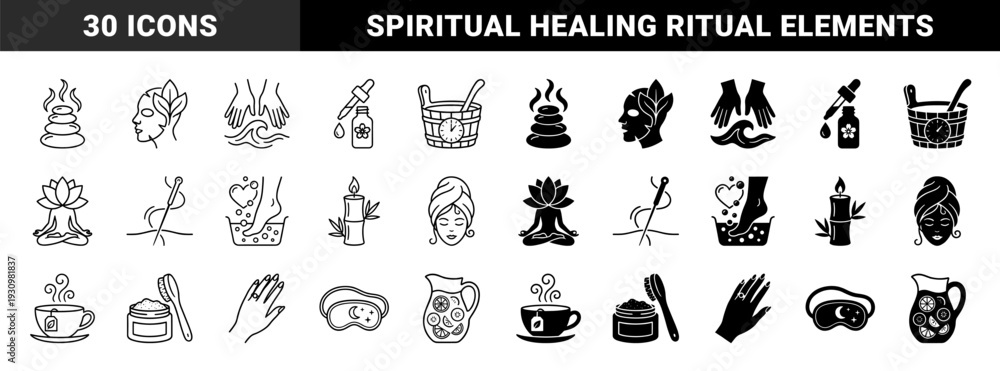Fototapeta premium Wellness and Holistic Spa Therapy Icons Featuring Hybrid Symbols of Zen Meditation Beauty Treatments and Organic Self Care Rituals in Dual Line and Solid Styles