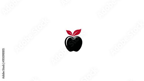 Black apple logo with two red leaves, set against a pristine white background. Minimalist design